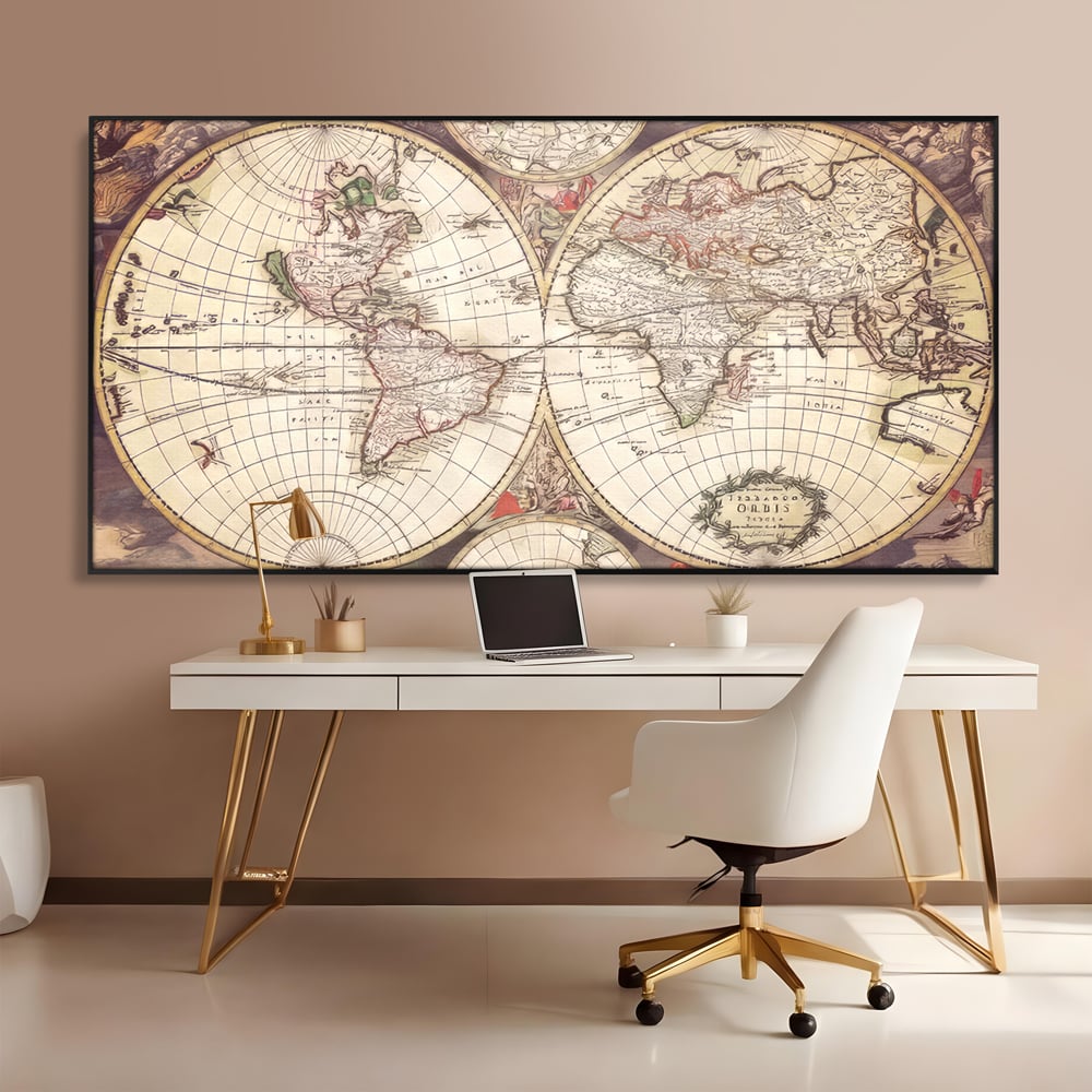 Tablou canvas cu ilustratie veche cu glob pamantesc, in rama de aluminiu negru, pe perete intr-un birou
